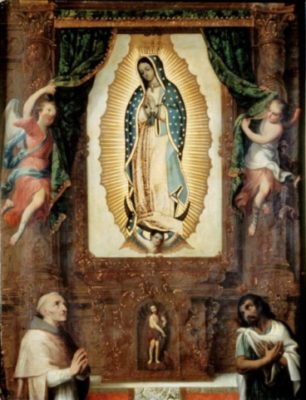 Image: Altarpiece of the Virgin of Guadalupe with Saint John the Baptist, Fray Juan de Zumárraga, and Juan Diego by Miguel Cabrera, c. 1752 [Museo Nacional de Arte, Mexico City]